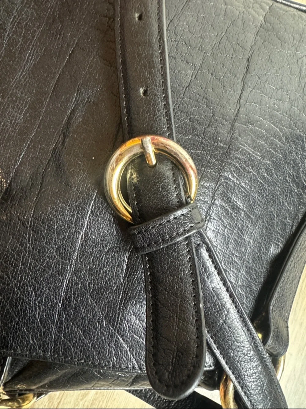 TUSK Black Leather Crossbody Bag Vintage Messenger Gold Hardware